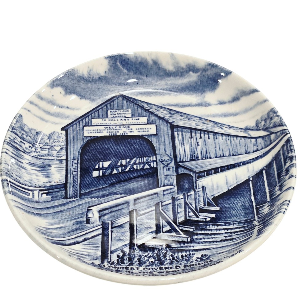 Blue‎ White Transferware Plate Longest Covered Canadian Bridge Souvenir